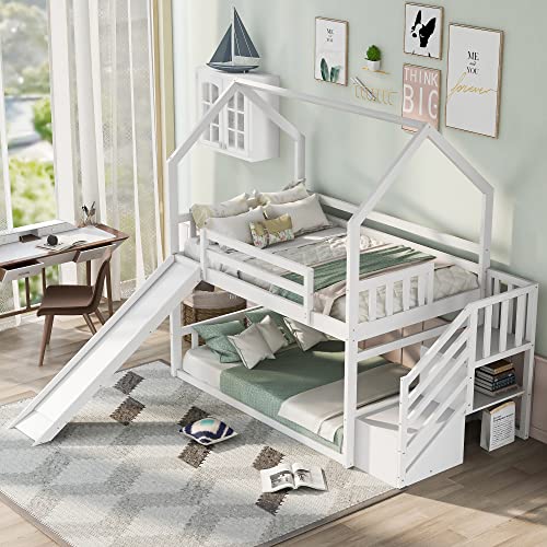 White Twin Over Twin Solid Wood Bunk Bed with Slide and Storage Staircase A920