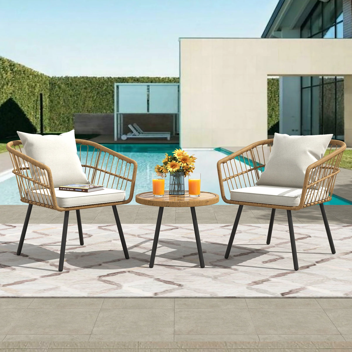 3 Pieces Outdoor Wicker Sofas Rattan Chairs with Gray Cushion and Rattan Coffee Table E59008