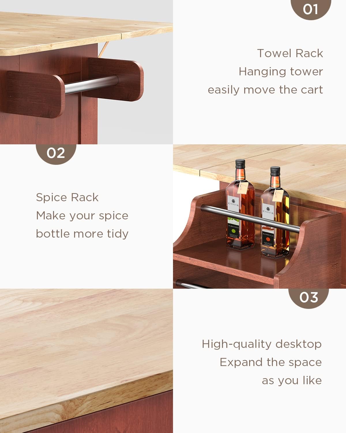 Brown Wood Kitchen Island with Drop Leaf Countertop and Lockable Wheels J97510