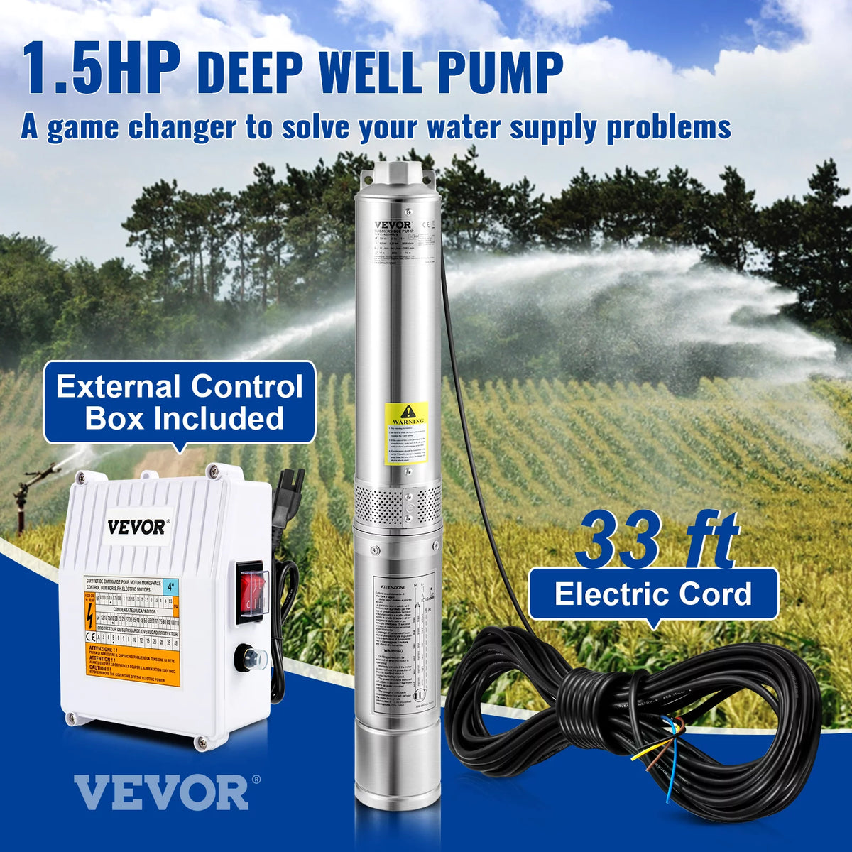 1.5HP 115V 37GPM 276ft Head 4 inch Stainless Steel Deep Well Submersible Pump A41283