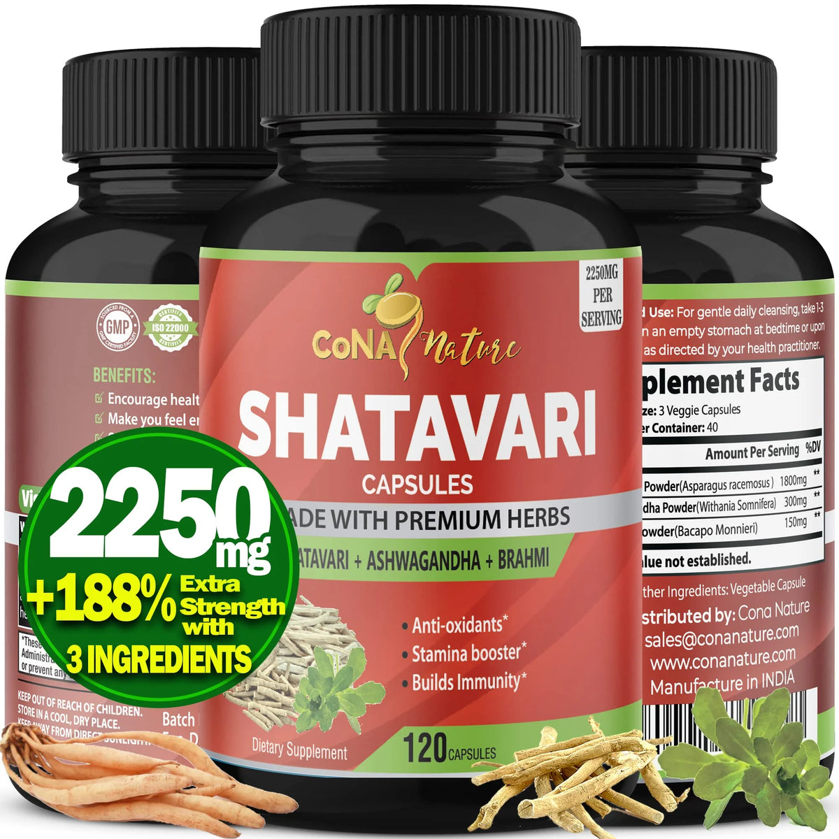 Organic Shatavari Powder Capsules 2250MG with Ashwagandha, Brahmi Extract, 120 Vegan Capsules F543868