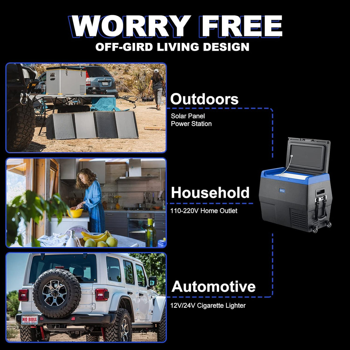 Portable Refrigerator Electric Cooler, 12/24V DC & Solar, Blue C287