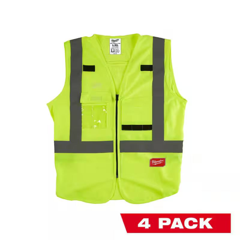 Yellow Class 2 High Visibility Safety Vest with 10 Pockets 4-Pack E227