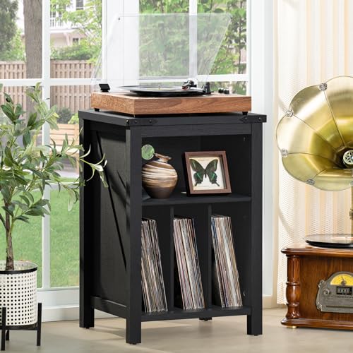 Rustic Brown Wood Record Player Stand with Vinyl Record Storage L8543