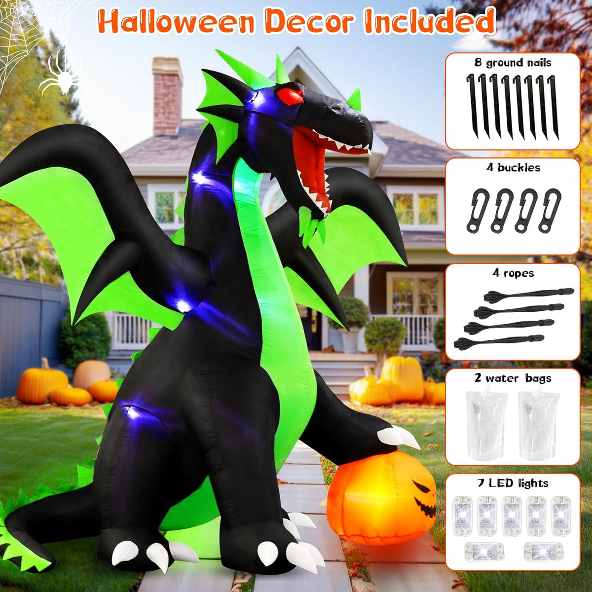 9FT Large Inflatable Dragon with Pumpkin and LED Lights B591