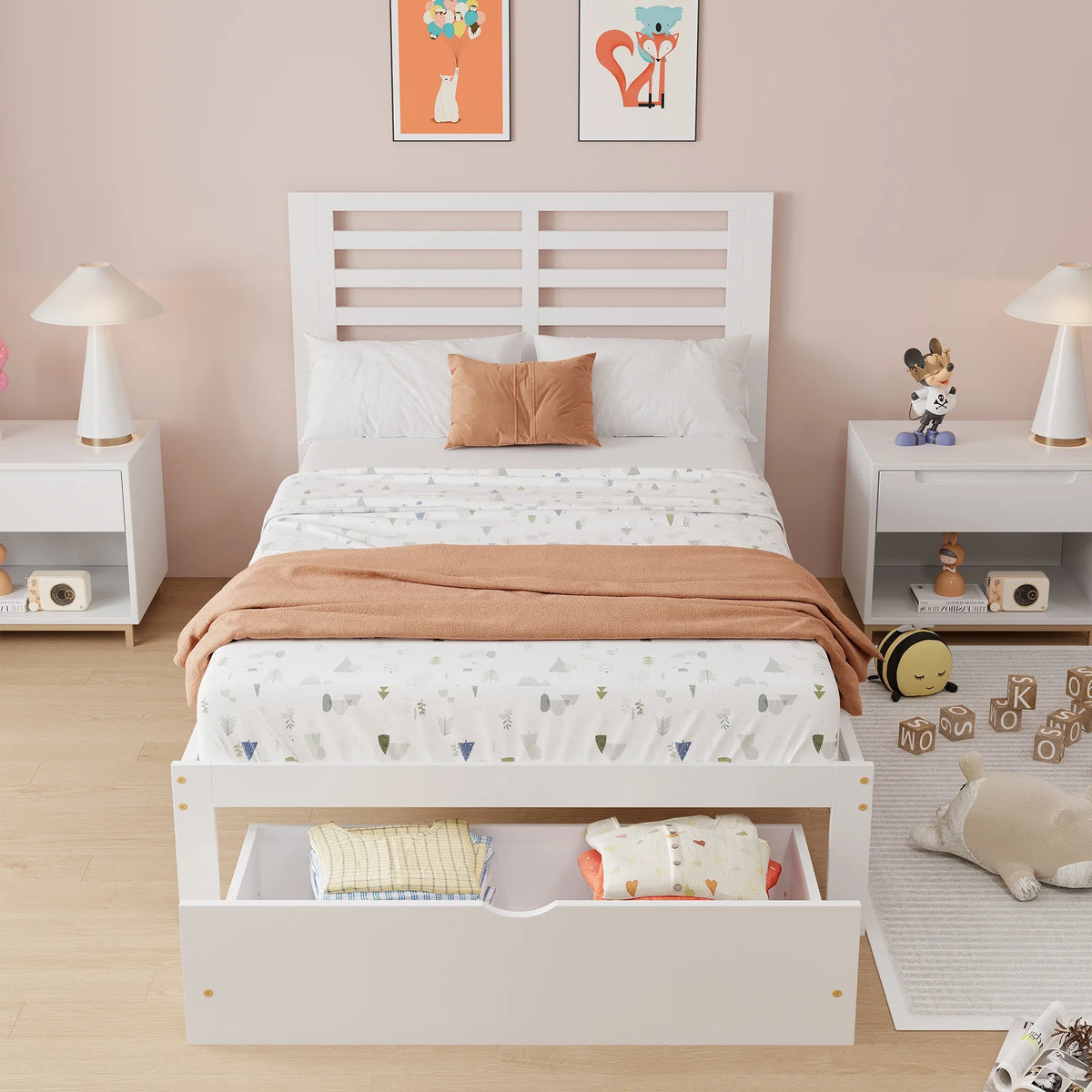 Gray Pine Wood Full Size Platform Bed Frame with Headboard and Drawers I16158