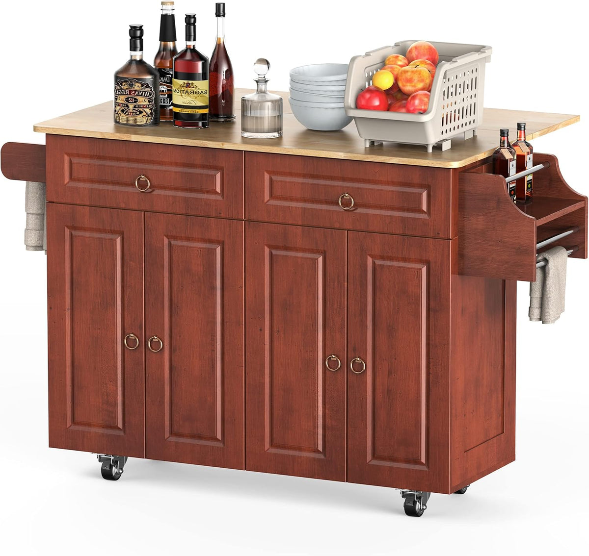 Brown Wood Kitchen Island with Drop Leaf Countertop and Lockable Wheels J97510