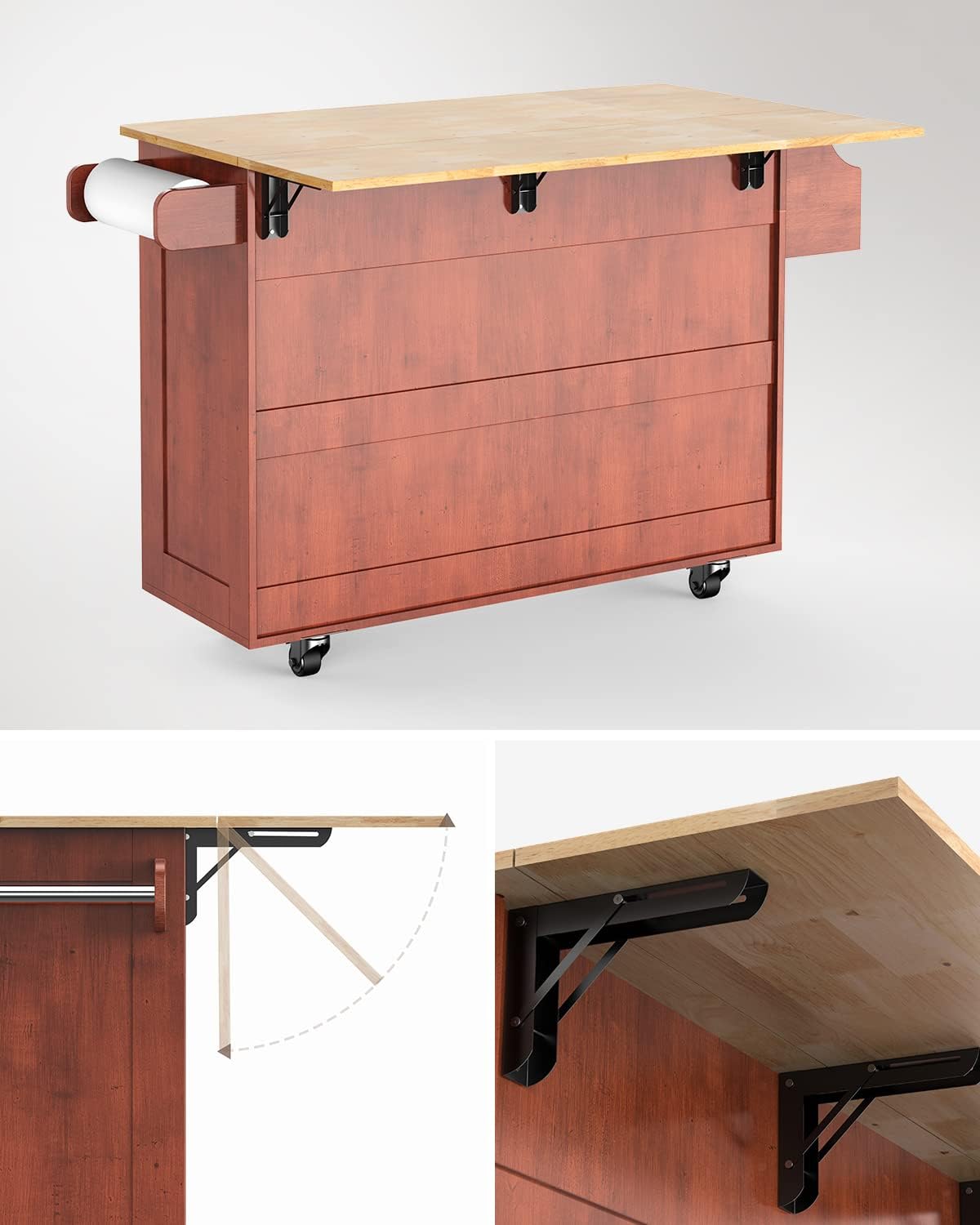 Brown Wood Kitchen Island with Drop Leaf Countertop and Lockable Wheels J97510