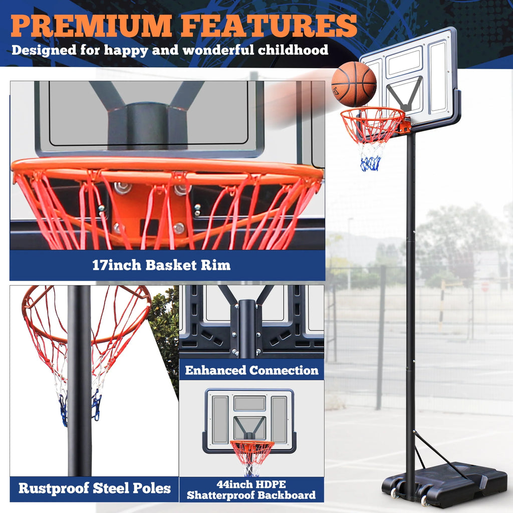 44 Basketball Hoop, 4.4-10ft Height Adjustable Portable Basketball Goal System with Shatterproof PVC Backboard and 18 Rim Q19495