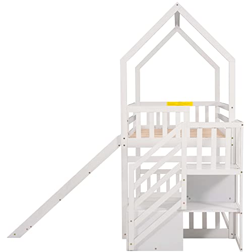 White Twin Over Twin Solid Wood Bunk Bed with Slide and Storage Staircase A920