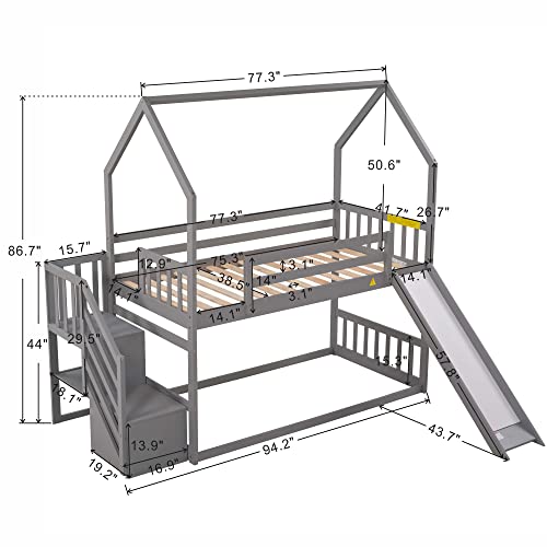 White Twin Over Twin Solid Wood Bunk Bed with Slide and Storage Staircase A920