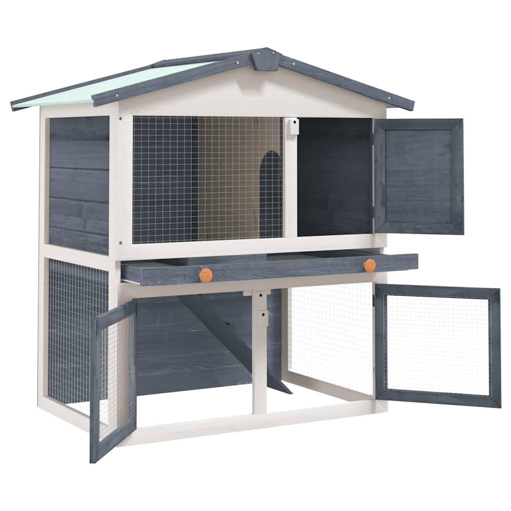 Large 2-Tier Gray Wood Rabbit Hutch with Ramp L4157