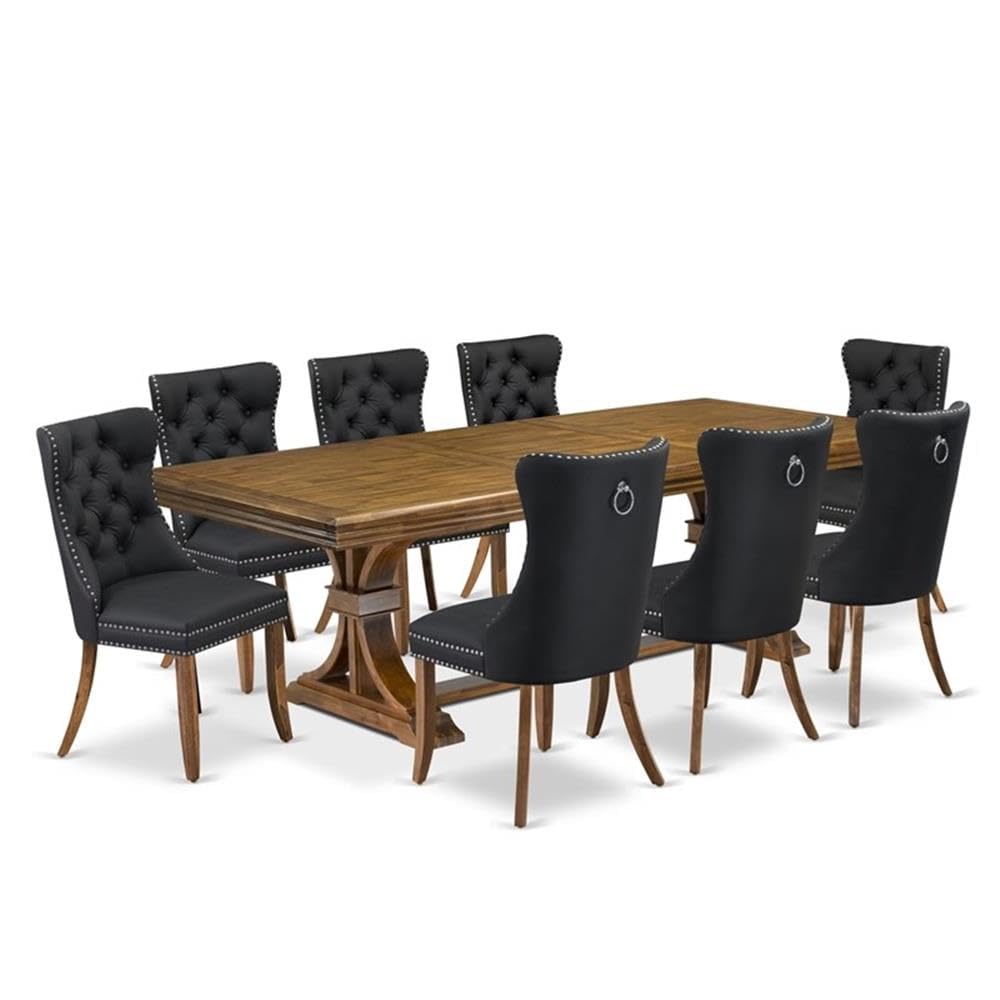 9-Piece Acacia Wood Dining Set with 8 Dark Grey Faux Leather Chairs I49472