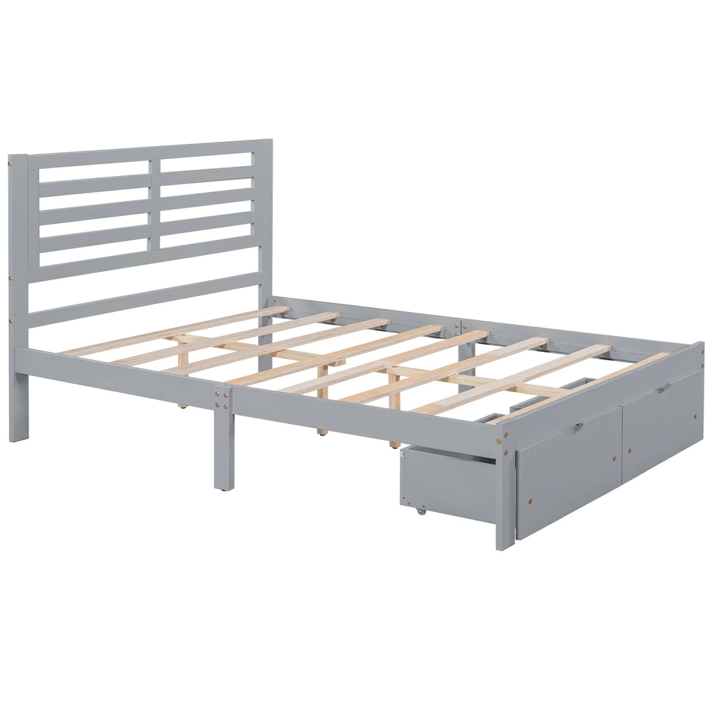 Gray Pine Wood Full Size Platform Bed Frame with Headboard and Drawers I16158