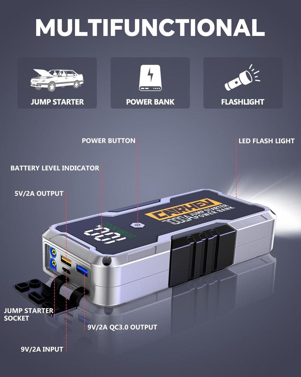 Car Battery Jump Starter Portable 12V with Jumper Cables LED Light Z746