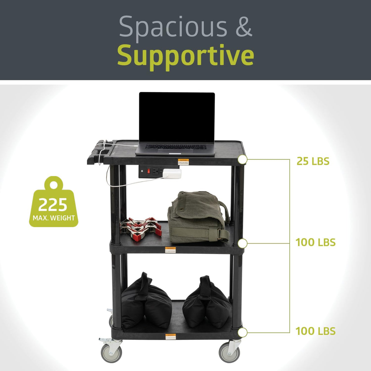 3-Shelf Mobile Utility Cart with 3 Outlets and 8' Cord, Black N1814