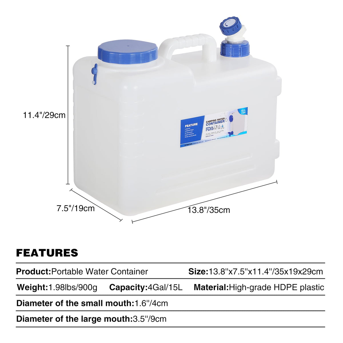 4 Gallon Portable Water Container with Spigot F288