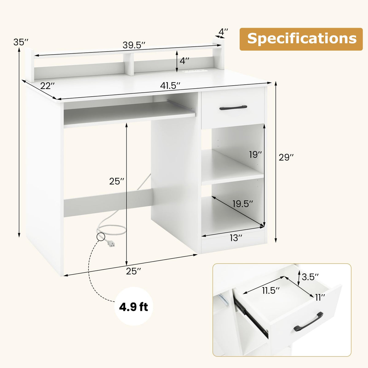 White Desk with Drawer and Keyboard Tray P719