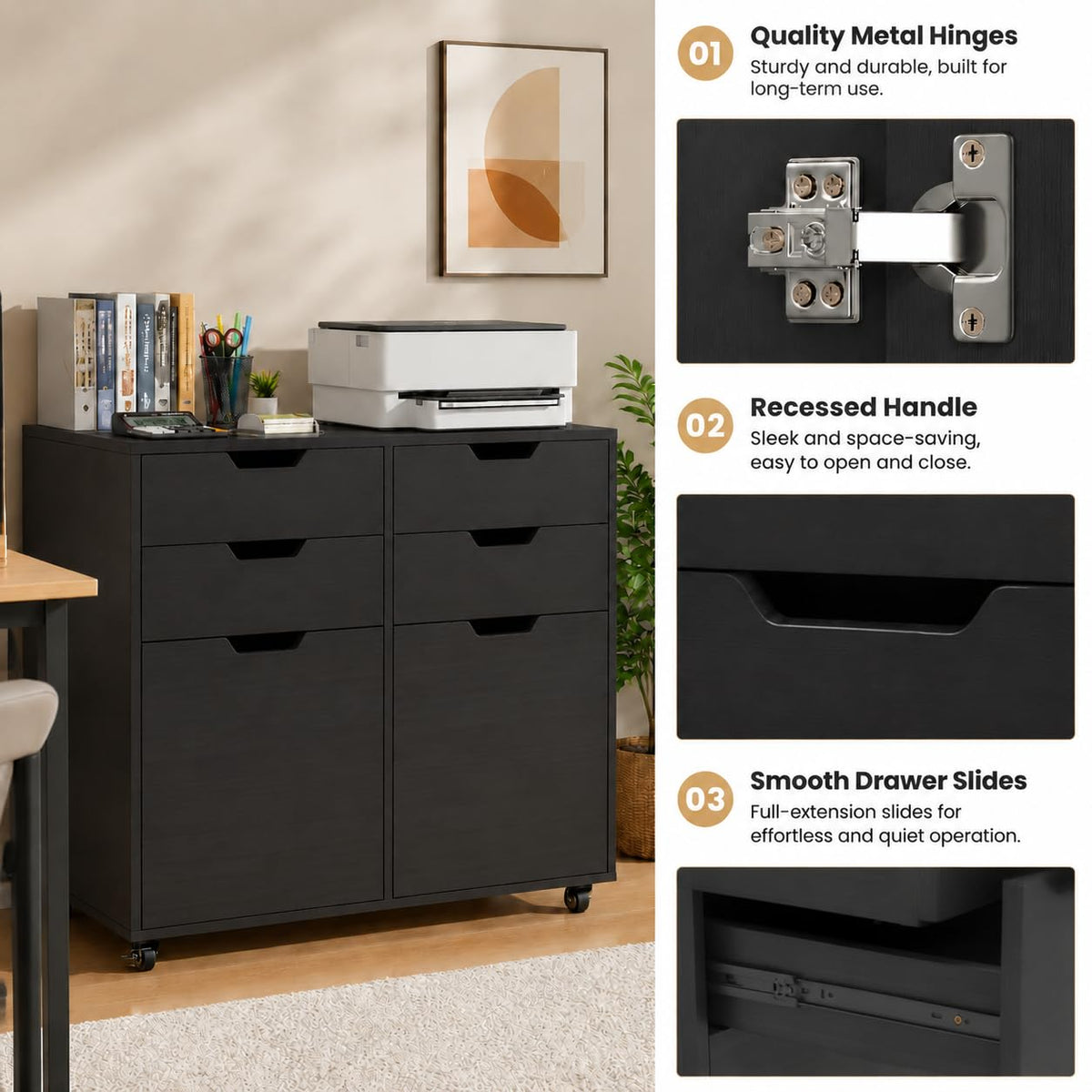 Mobile File Cabinet Rolling Printer Stand Black V3848