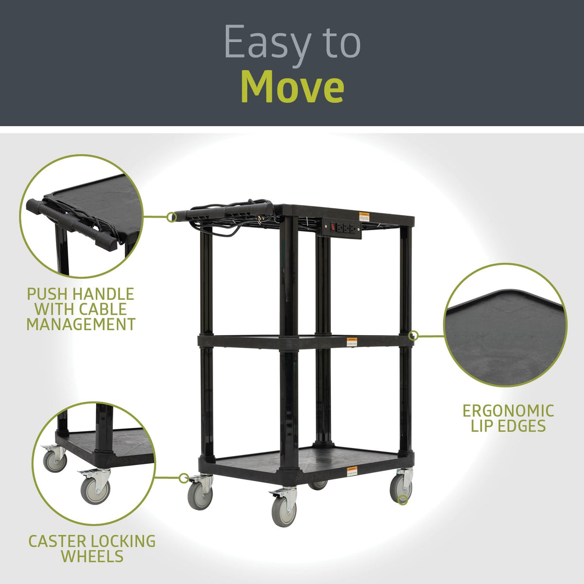 3-Shelf Mobile Utility Cart with 3 Outlets and 8' Cord, Black N1814