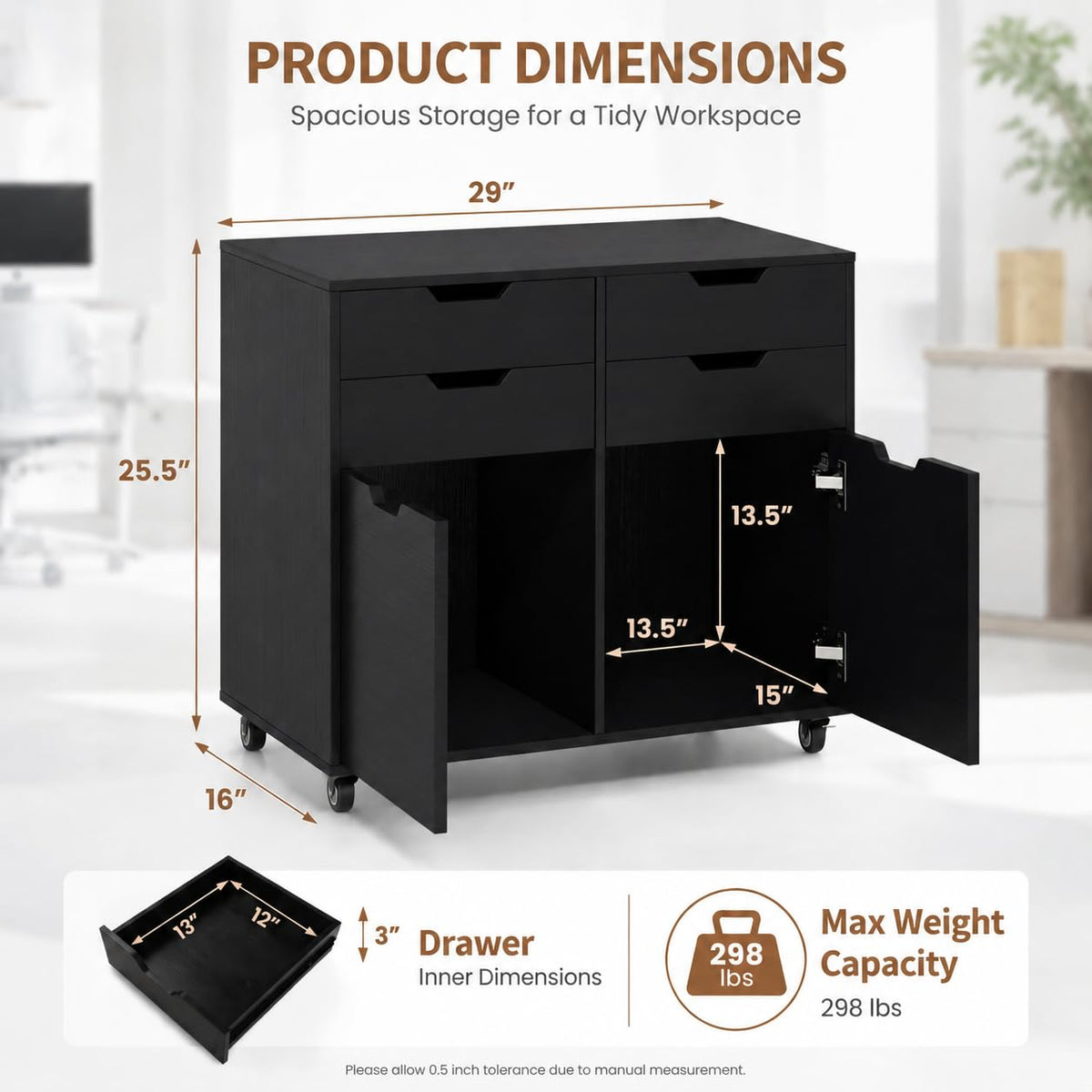 Mobile File Cabinet Rolling Printer Stand Black V3848