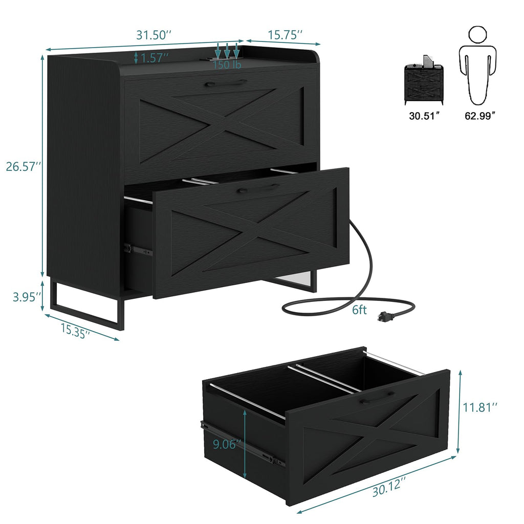 2 Drawer Black File Cabinet with Charging Station C679578