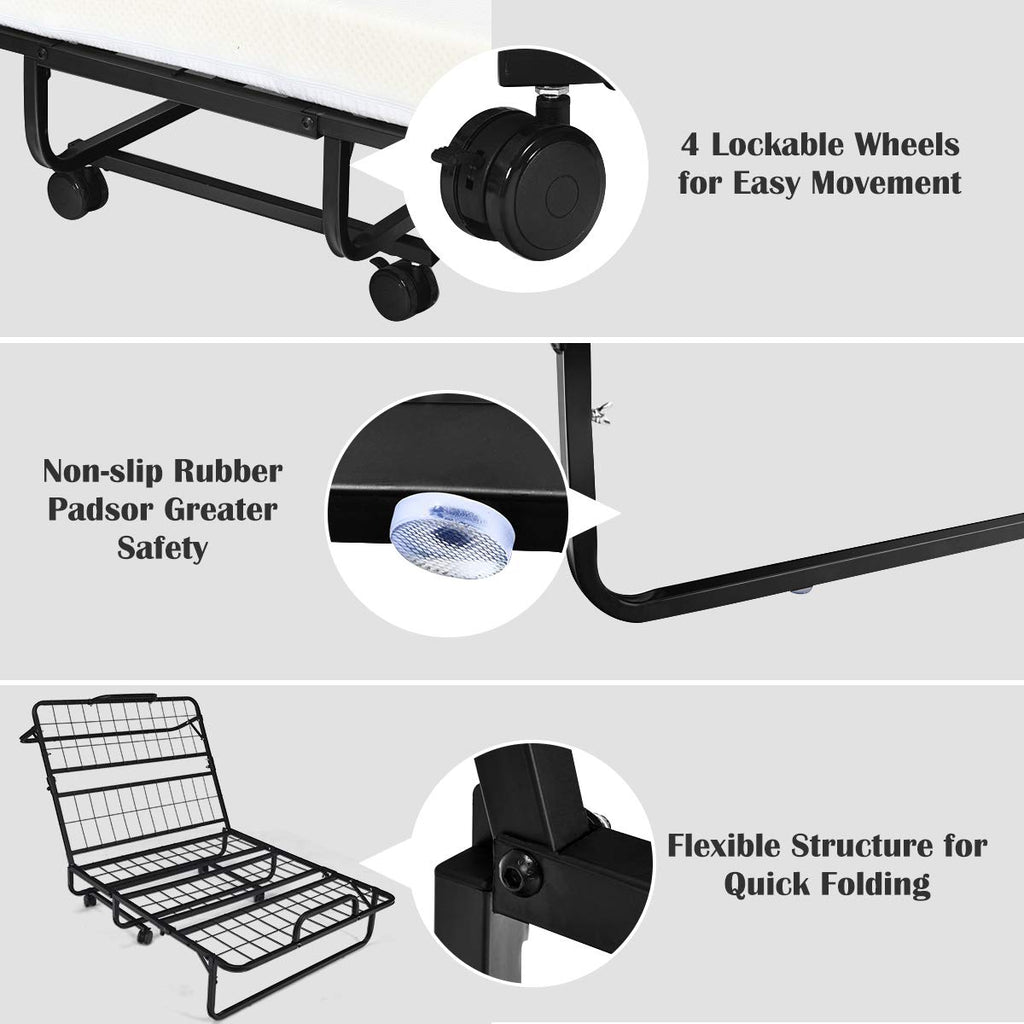 Folding Bed with Mattress Twin Size Metal Frame Memory Foam T2097