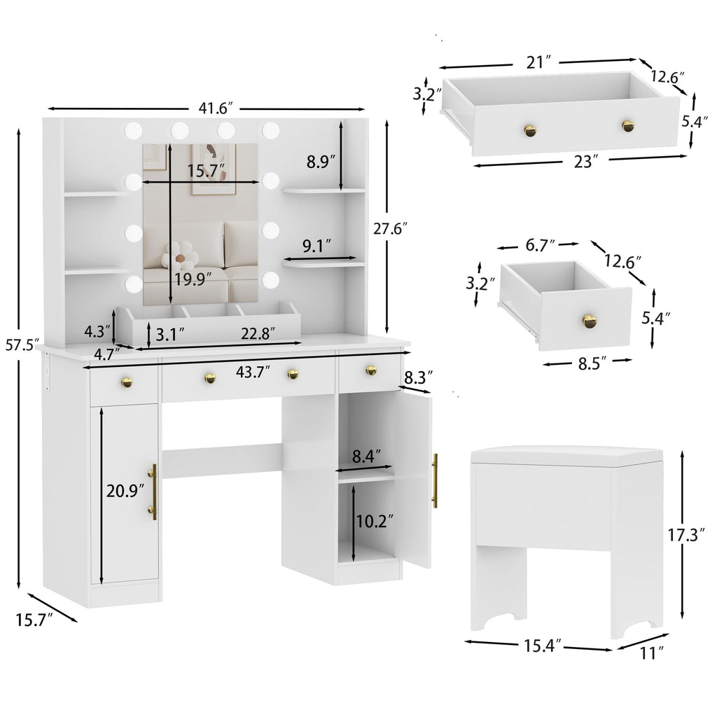 White Vanity Desk with Mirror and Lights, Charging Station, Stool, 3 Drawers and Cabinets A9066