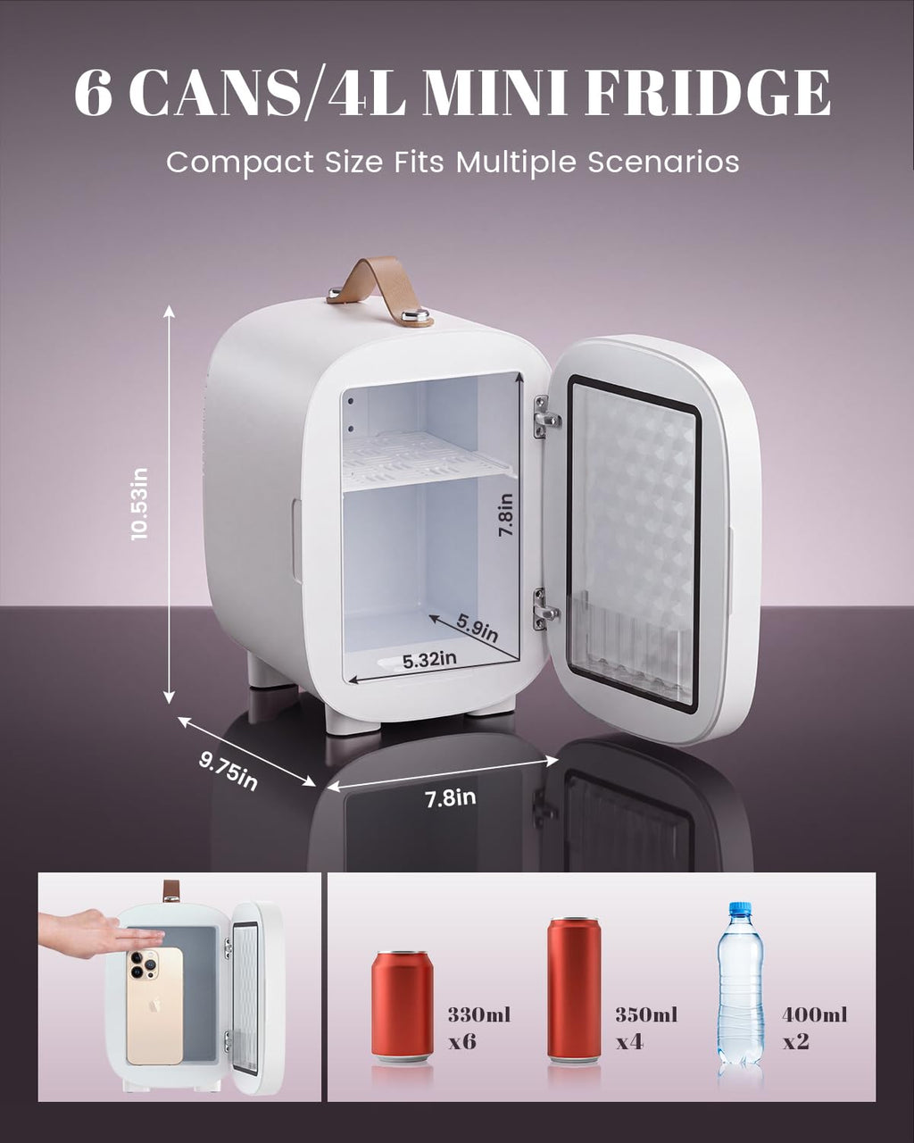 4 Liter 6 Can Portable Mini Fridge with LED Mirror V20050