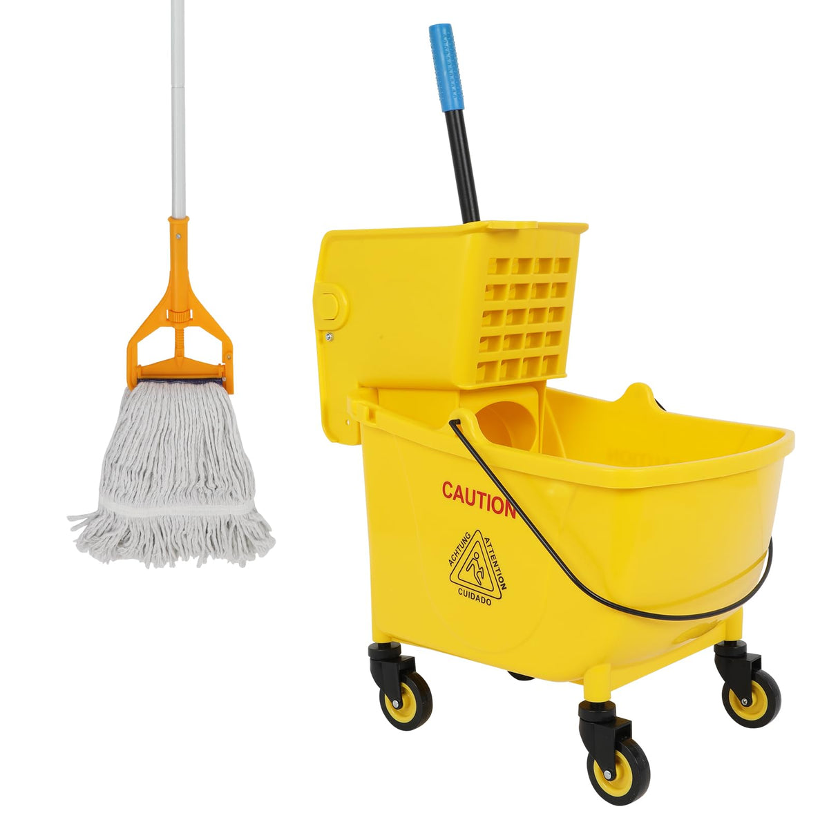 35 Qt Yellow Mop Bucket with Wringer on Wheels and Mops Set A5619