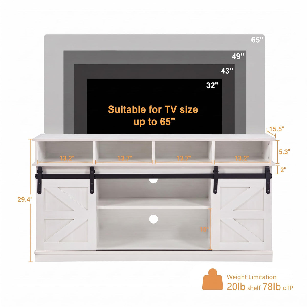 White Farmhouse TV Stand with Sliding Barn Doors C607301
