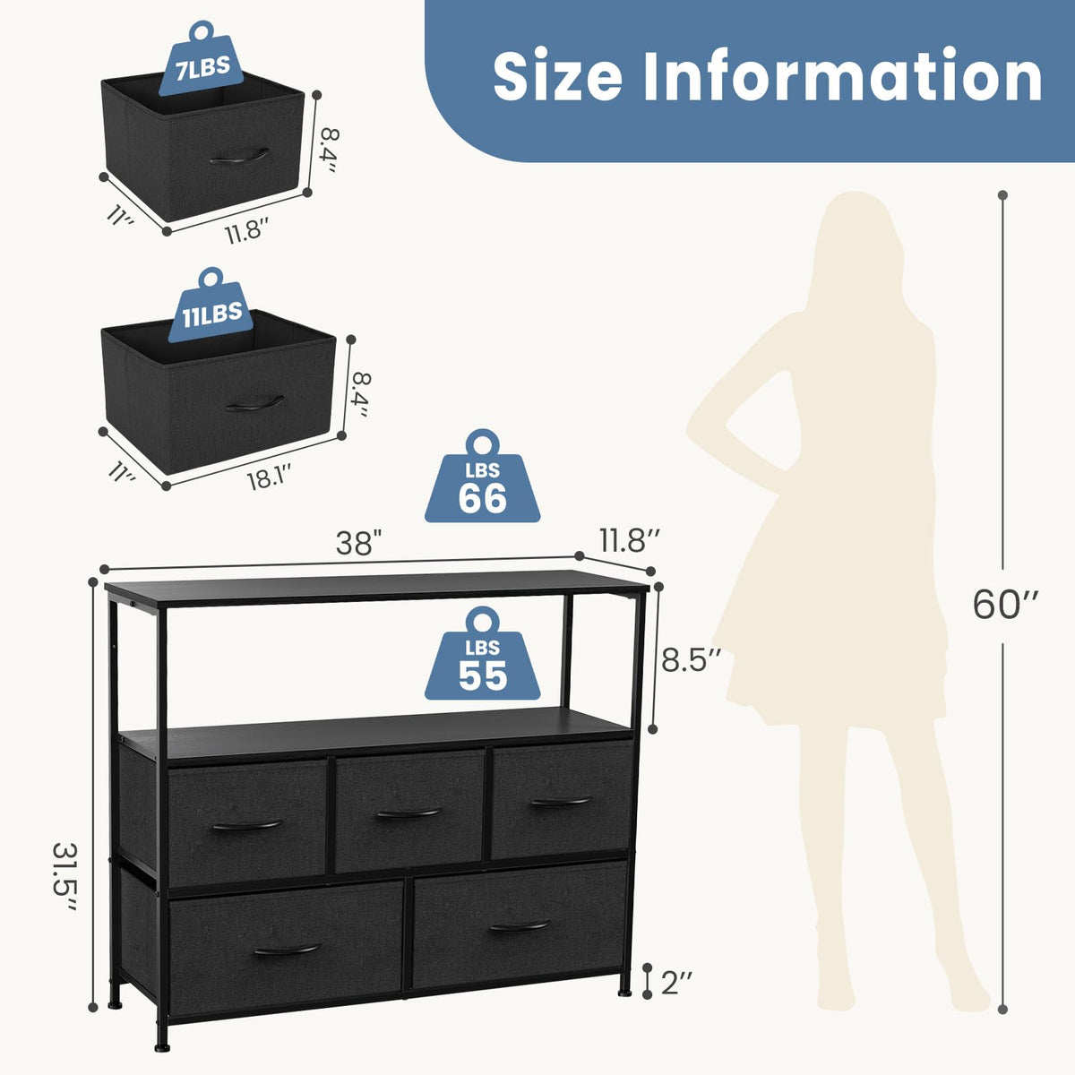 Black TV Stand Media Console with LED Power Station W21177