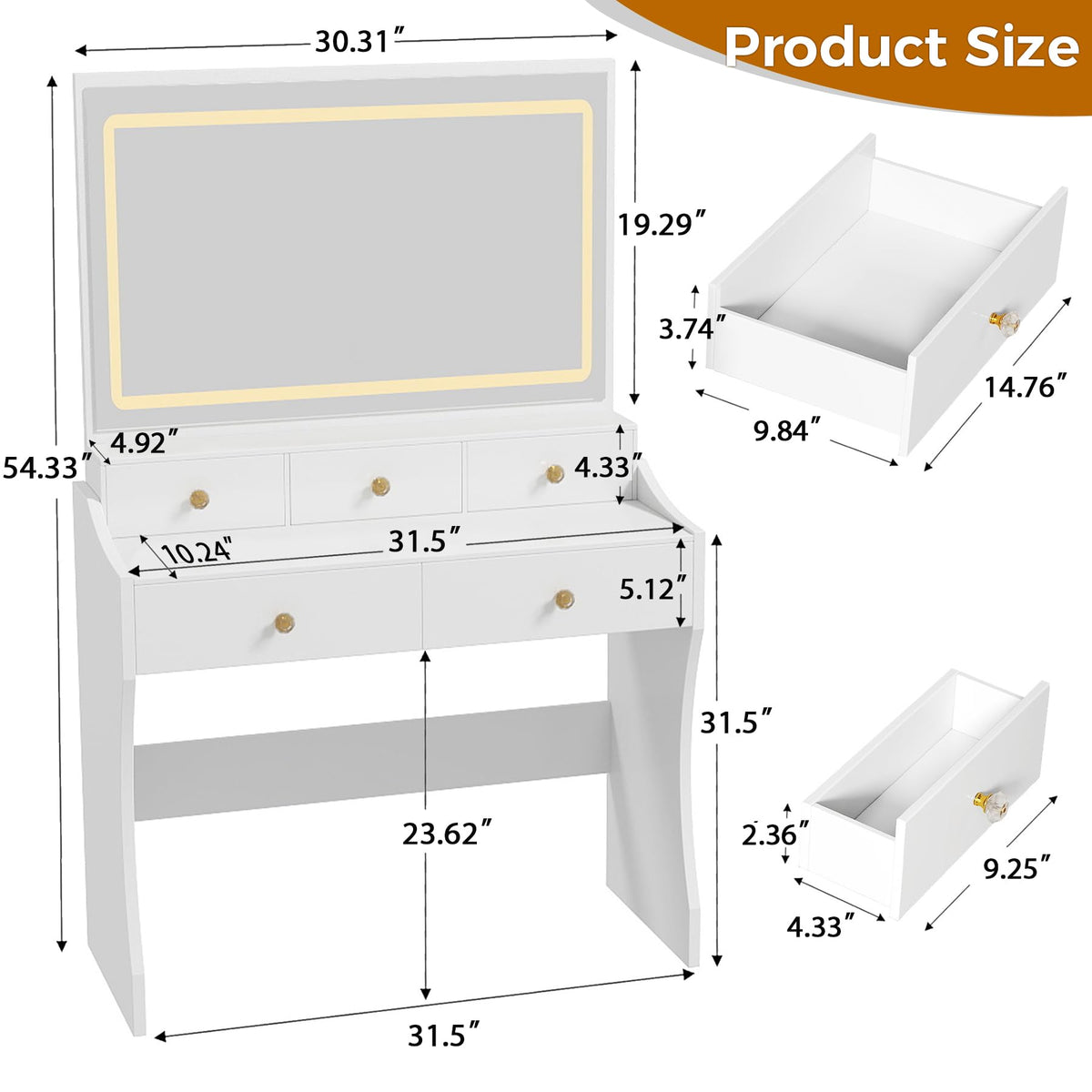 White Vanity Desk with LED Lights Mirror and 5 Drawers D5228