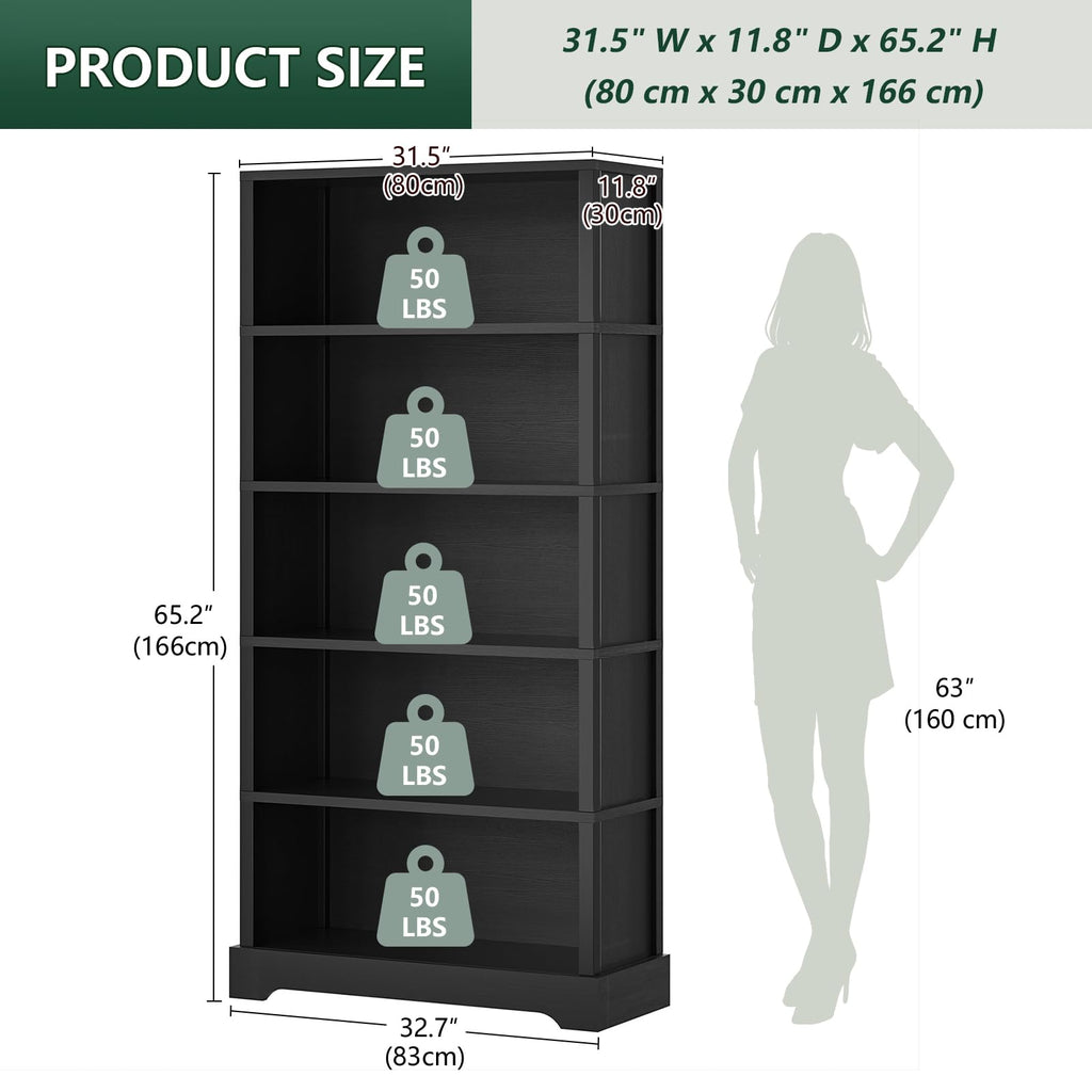 5 Tiers Wooden Bookshelf, 65.2" Tall 31.5" Wide Black O45321