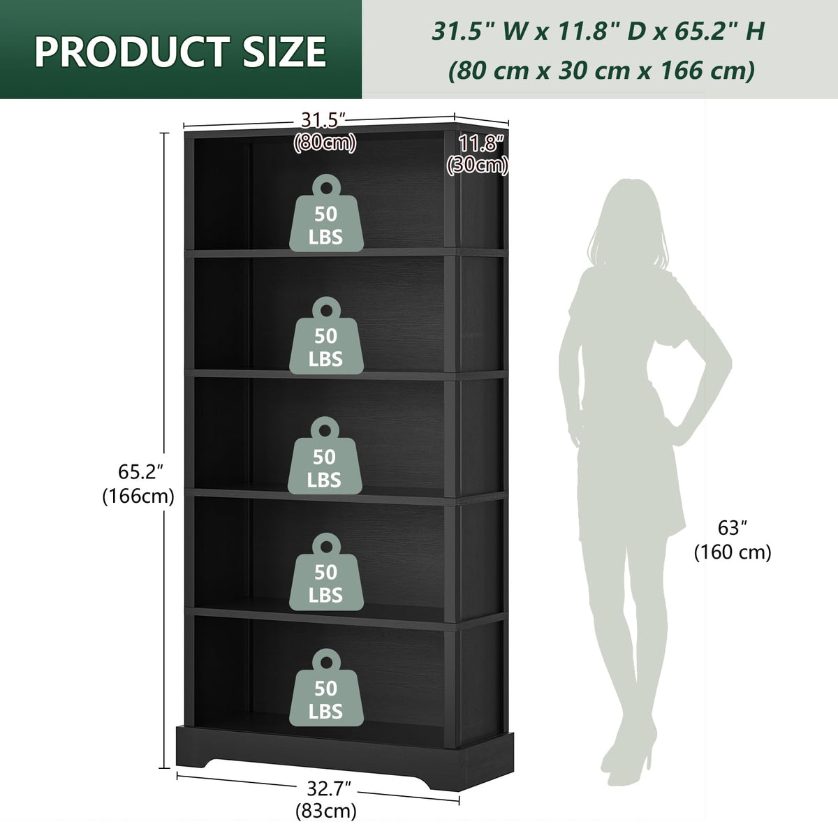 5 Tiers Wooden Bookshelf, 65.2" Tall 31.5" Wide Black O45321