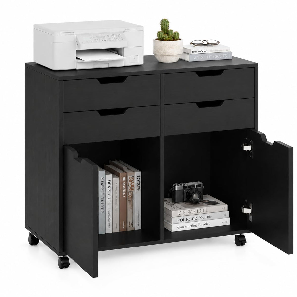 Mobile File Cabinet Rolling Printer Stand Black V3848