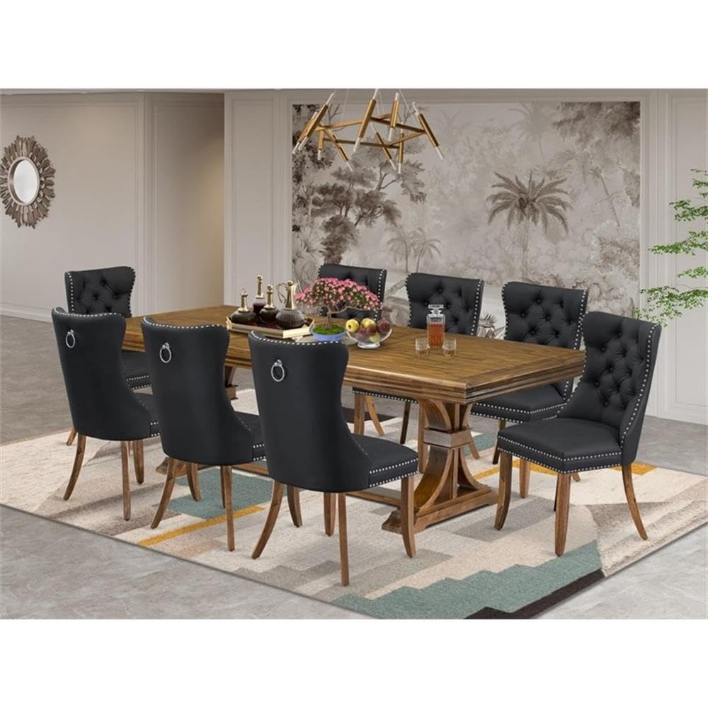 9-Piece Acacia Wood Dining Set with 8 Dark Grey Faux Leather Chairs I49472