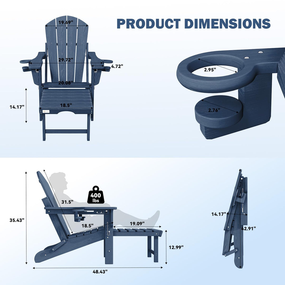 HDPE Folding Adirondack Chairs Set of 2, Navy B2165