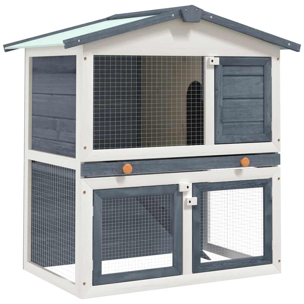 Large 2-Tier Gray Wood Rabbit Hutch with Ramp L4157