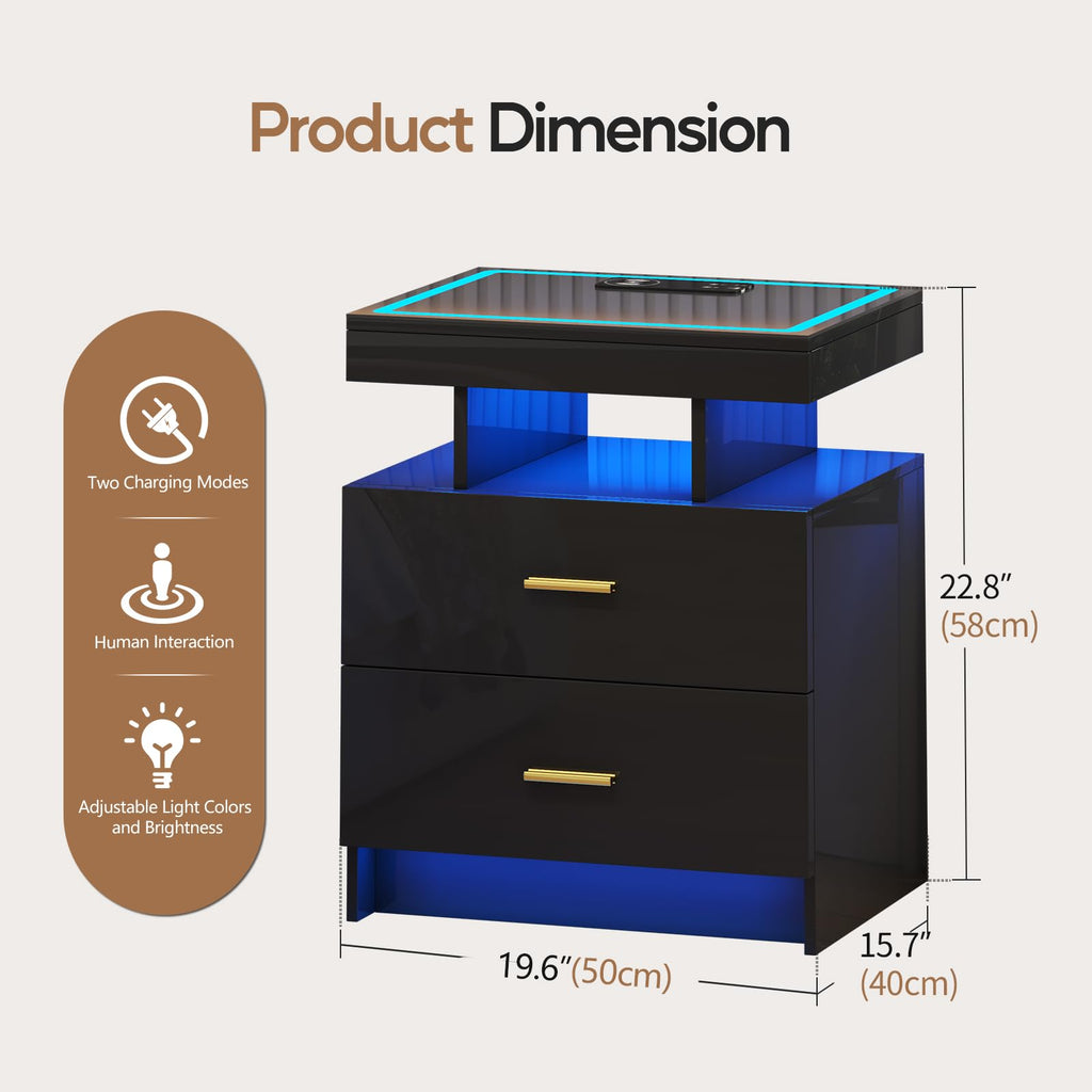 Black LED Nightstand with Wireless Charging Station D7806