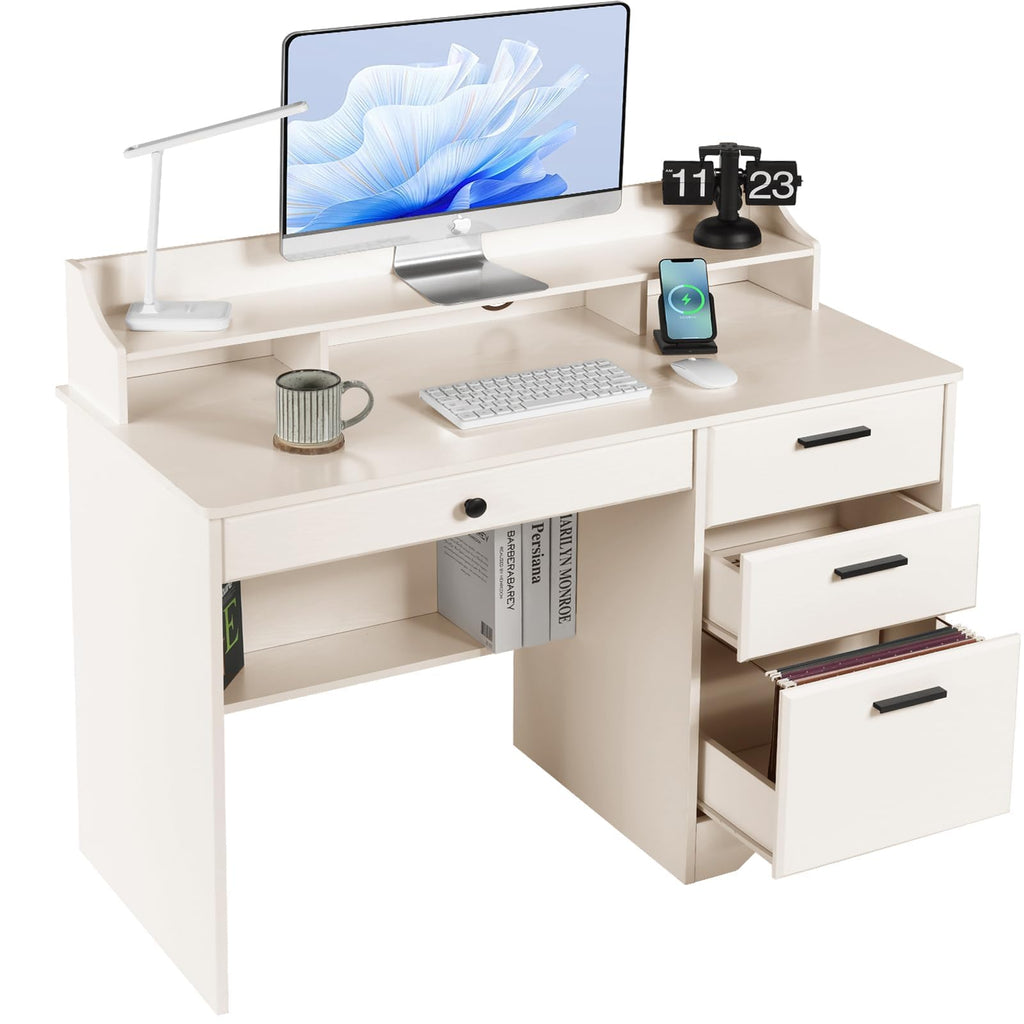 Warm White Wood Computer Desk with Drawers and Hutch J238847