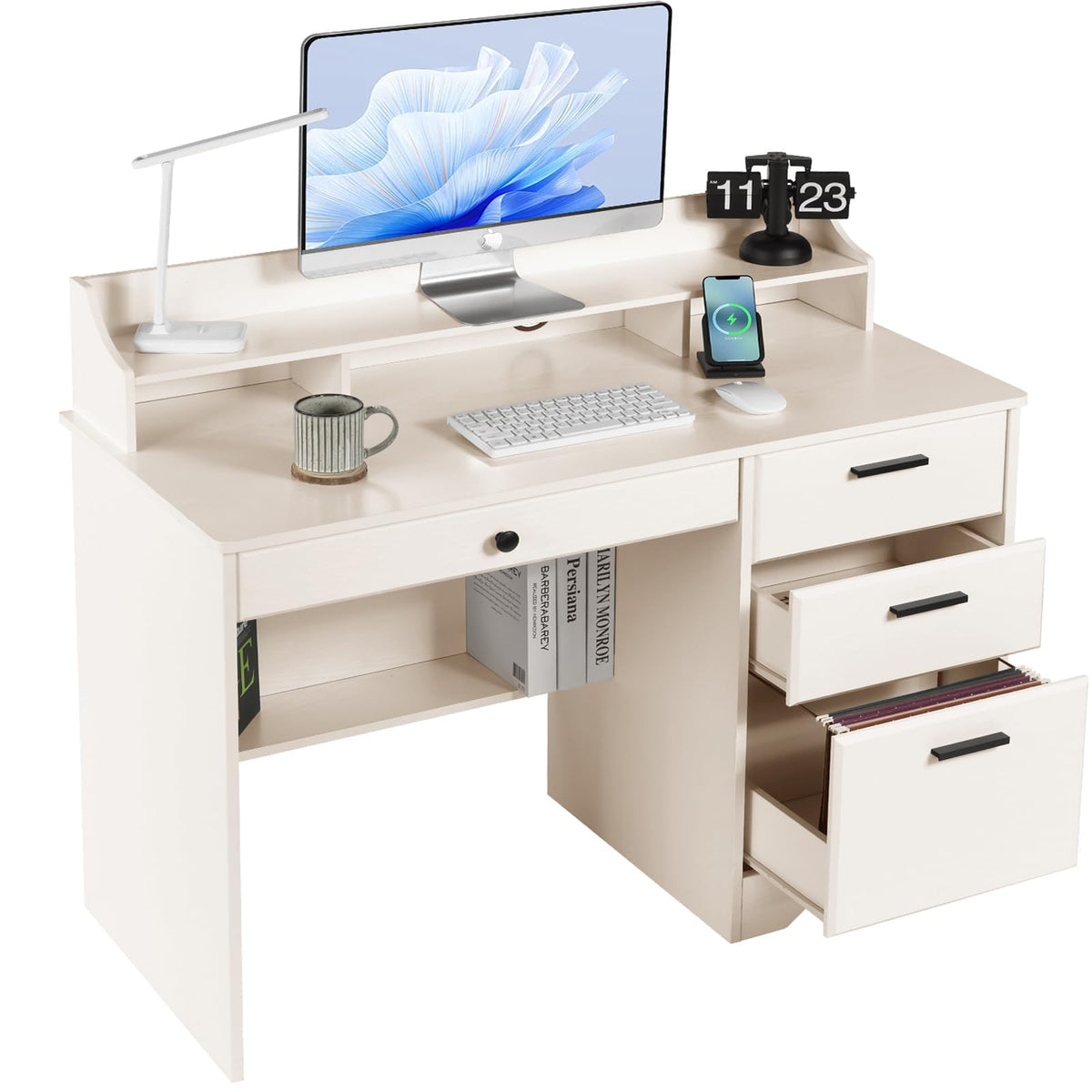 Warm White Wood Computer Desk with Drawers and Hutch J238847