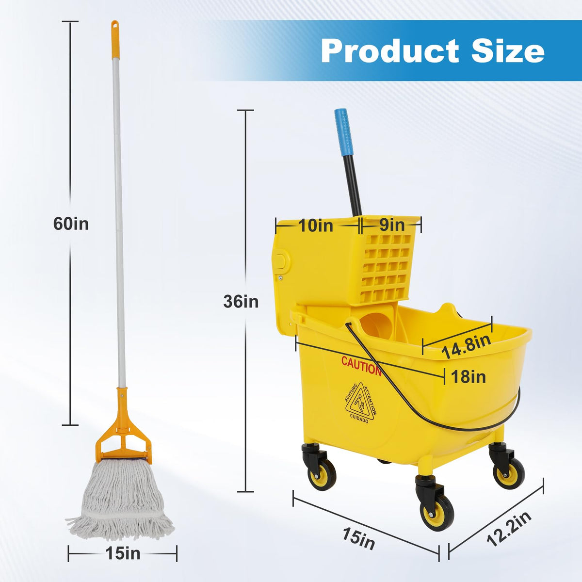 35 Qt Yellow Mop Bucket with Wringer on Wheels and Mops Set A5619