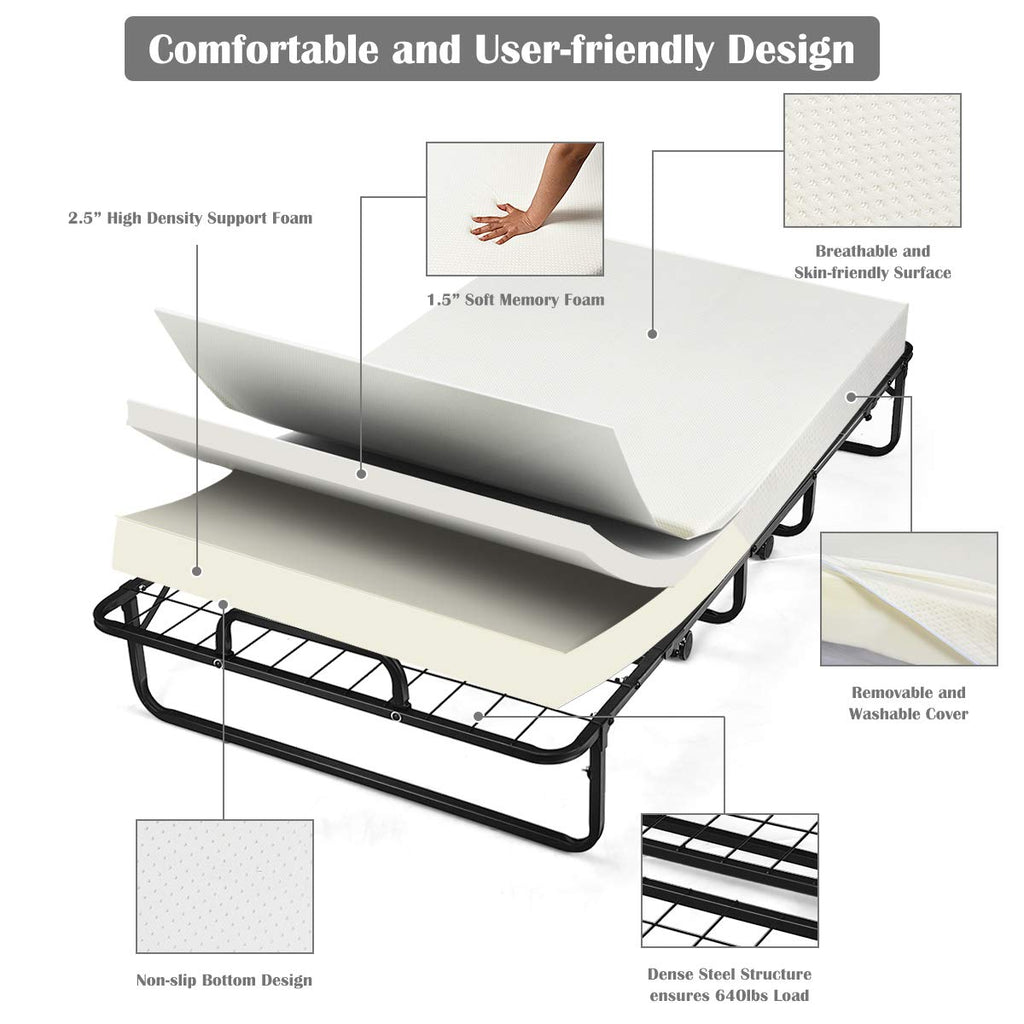Folding Bed with Mattress Twin Size Metal Frame Memory Foam T2097