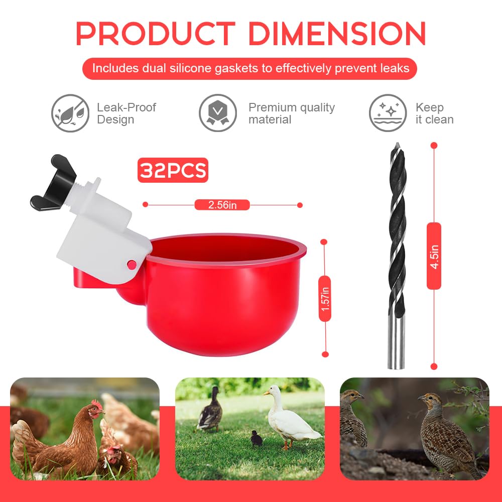 32 Pack Automatic Poultry Waterer Cups with Mounting Hole Opener N1046