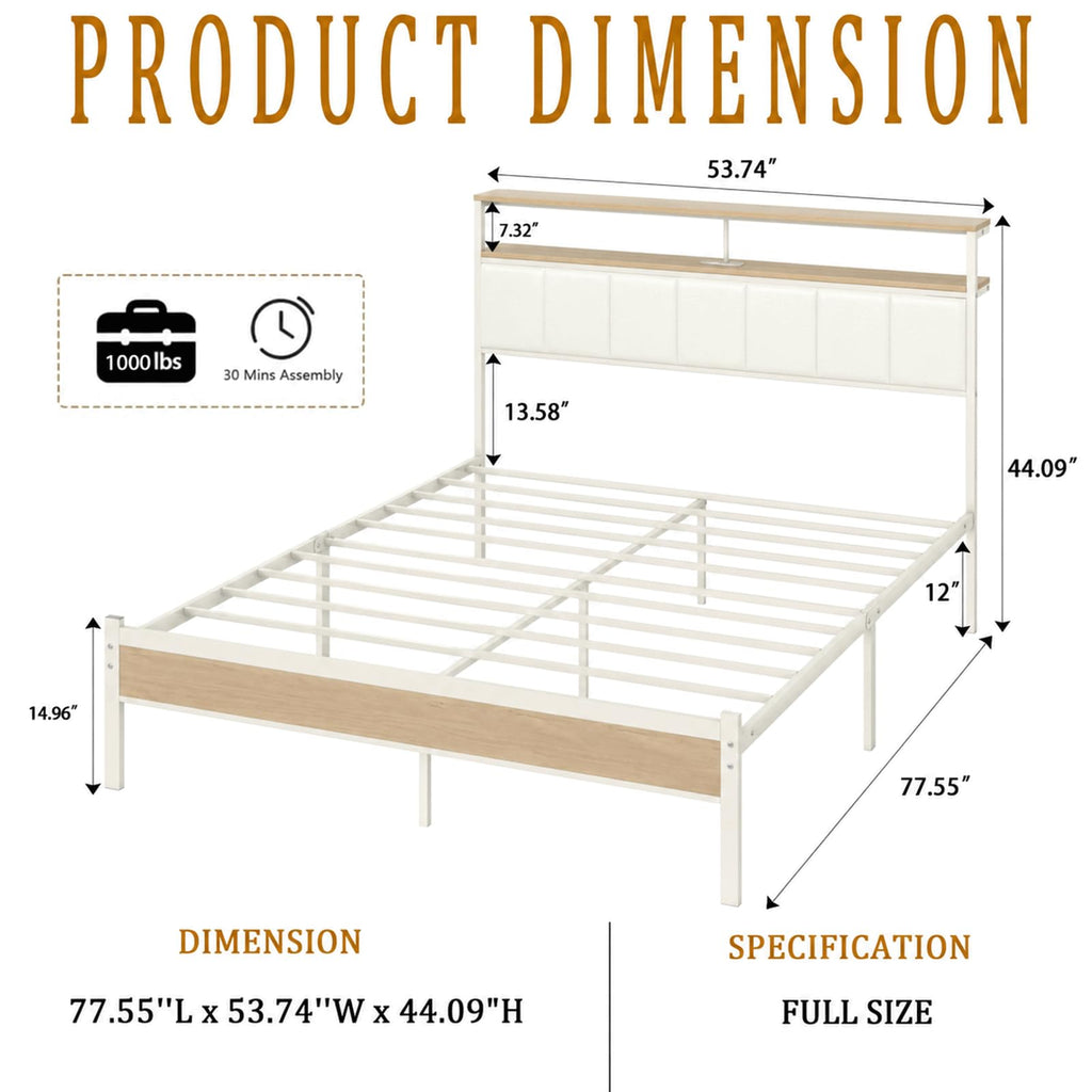White Full Size Upholstered Platform Bed Frame with LED Lights and Storage Shelf B3924