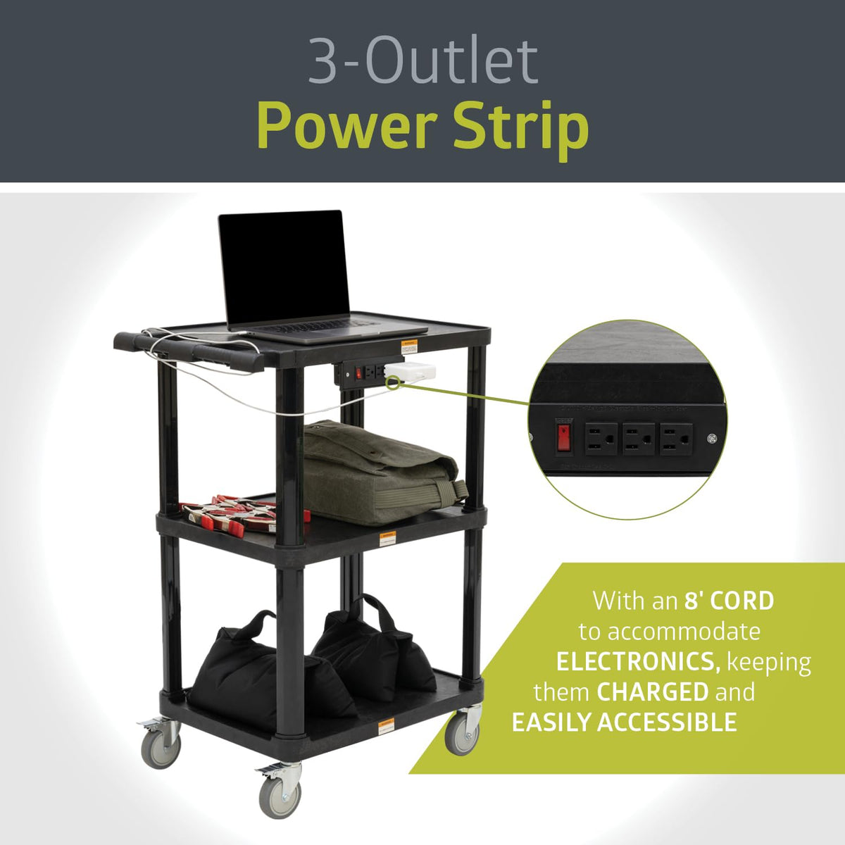 3-Shelf Mobile Utility Cart with 3 Outlets and 8' Cord, Black N1814
