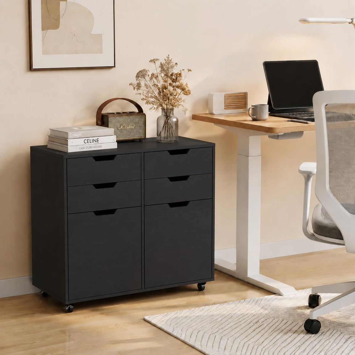 Mobile File Cabinet Rolling Printer Stand Black V3848