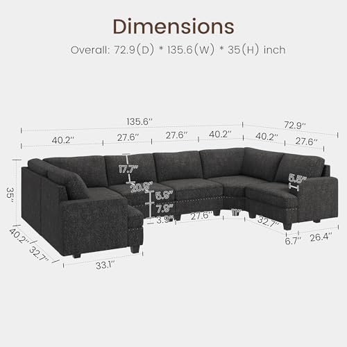 Oversized Modular Sectional Sofa, 135.6 inch, Dark Grey Y73392