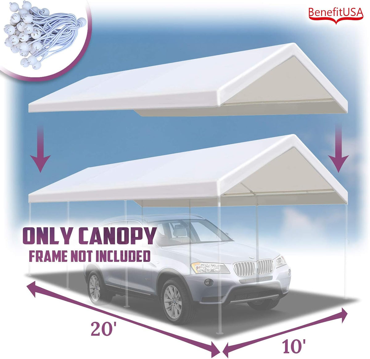 10x20 ft Carport Replacement Canopy Top Cover with Ball Bungee Cords N166623